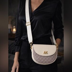 Anne Klein Women’s Logo Flap Crossbody Bag Purse White Monogram Adjustable Strap